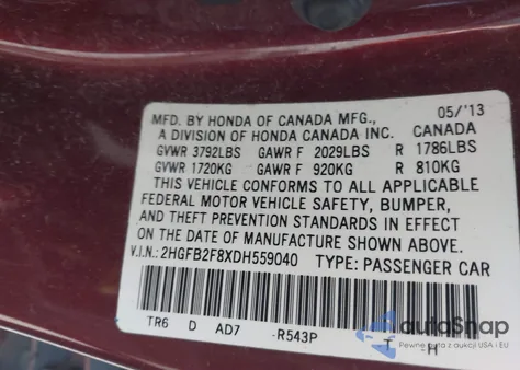 2013 Honda Civic Ex z USA, uszkodzony, nr VIN 2HGFB2F8XDH559040